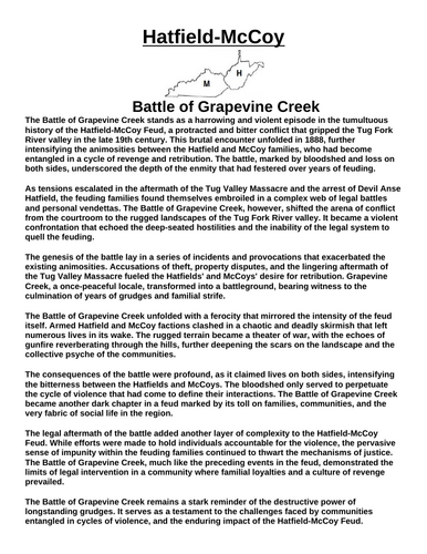 Hatfields and McCoys: Battle of Grapevine Creek “Article & Questions” Assignment