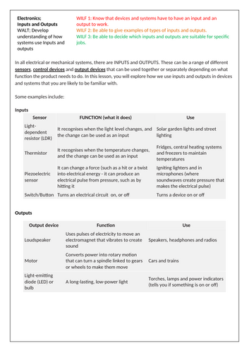 KS3 DT - Electronics -  Inputs and Outputs