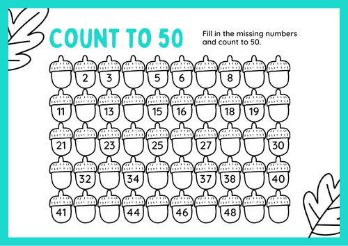 Blue Fun Count to 50 Math Worksheet Set