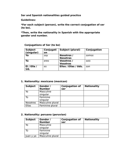 Ser and Spanish nationalities guided practice