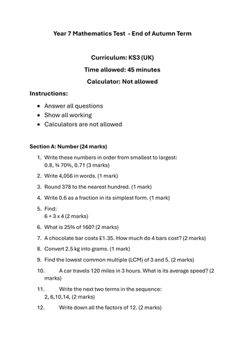 Year 7 Maths Tests (x4)
