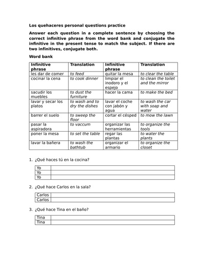 Los quehaceres personal questions practice