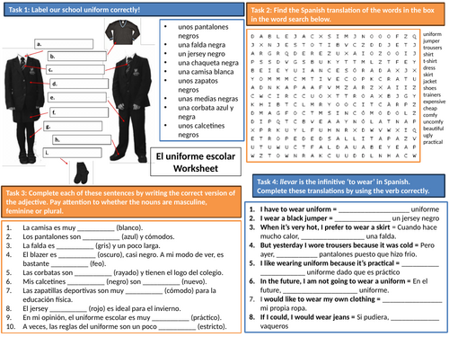 Spanish School Uniform - Knowledge Organiser Worksheet