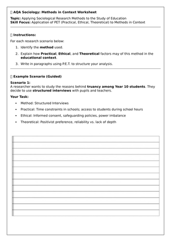 AQA Sociology Methods in Context 'PET' worksheet