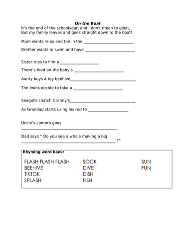 Rhyming couplet poem with word bank - Texts That Teach A First Book of the Sea