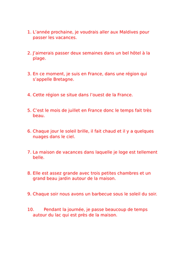 Les Vacances (holidays) running dictation