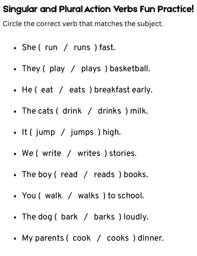 action verbs singular and plural worksheet