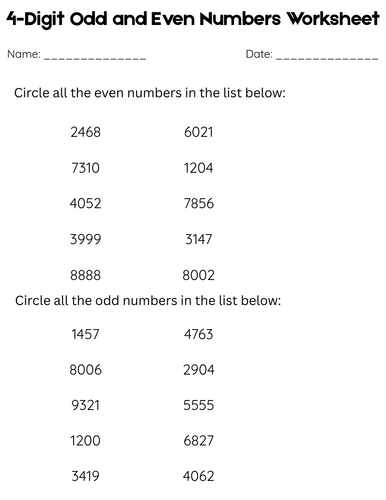 4 digit odd and even numbers worksheet