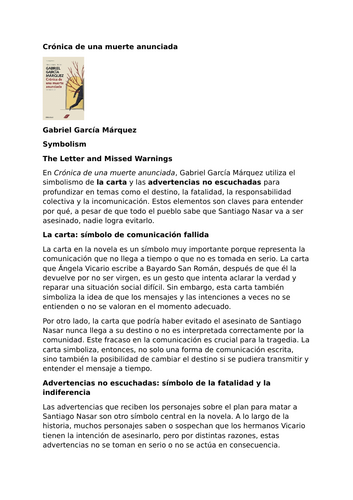 Crónica de una muerte anunciada by Gabriel García Márquez – Symbolism – The Letter