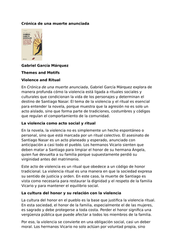 Crónica de una muerte anunciada by Gabriel García Márquez – Themes and Motifs – Violence and Ritual