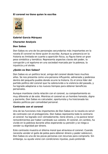 El coronel no tiene quien le escriba by Gabriel García Márquez – Characters – Don Sabas