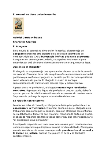 El coronel no tiene quien le escriba by Gabriel García Márquez – Characters – El Abogado