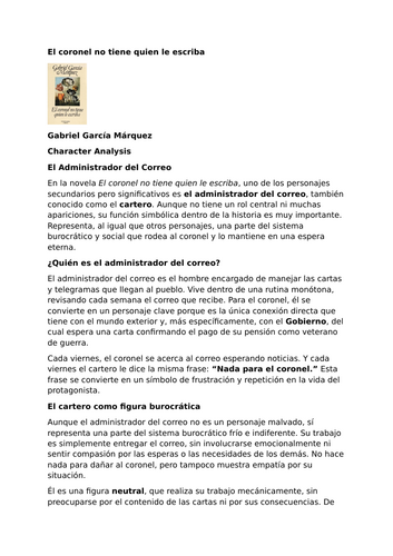 El coronel no tiene quien le escriba by Gabriel García Márquez – Characters – El Administrador