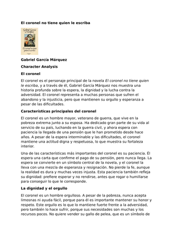 El coronel no tiene quien le escriba by Gabriel García Márquez – Characters – El coronel