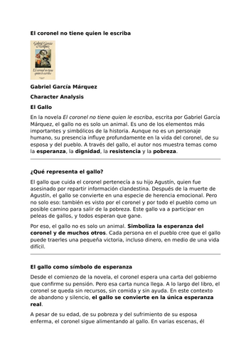 El coronel no tiene quien le escriba by Gabriel García Márquez – Characters – El gallo
