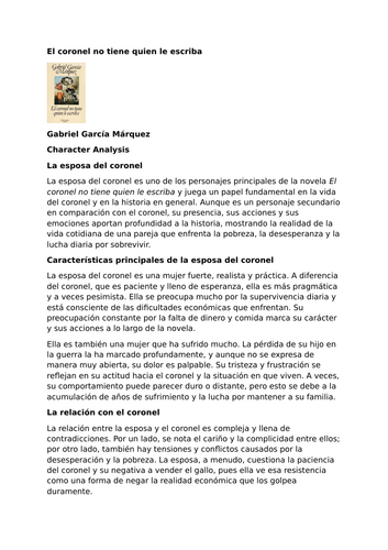 El coronel no tiene quien le escriba by Gabriel García Márquez – Characters – La esposa del coronel