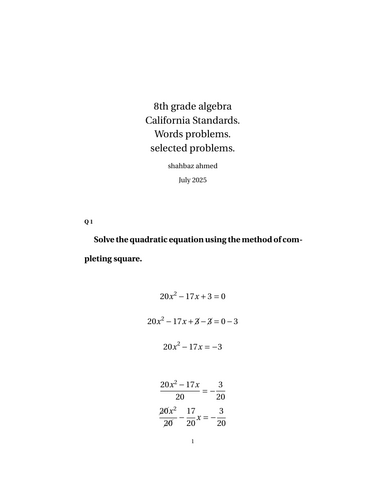 8th grade algebra California Standards. Words problems. selected problems.