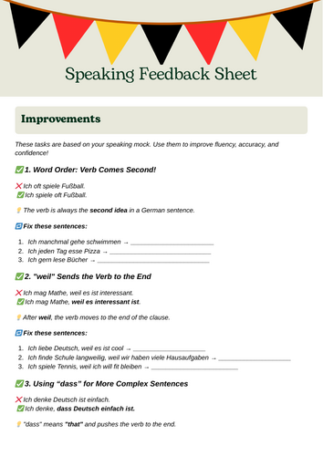 NEW GCSE German Edexcel Speaking Feedback Tasks