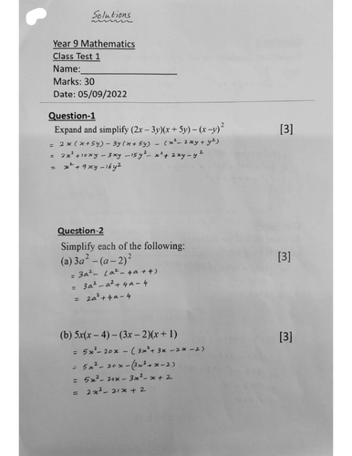 Year 9-Class Test 2-Algebra-Solutions