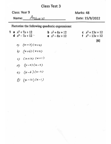 Year 9-Class Test 3-Algebra-Solutions