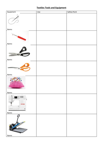 Textiles Tools and Equipment Worksheet