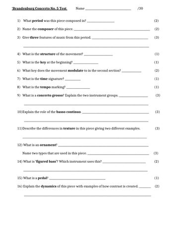 GCSE EDEXCEL Brandenburg concerto test/knowledge retrieval worksheet