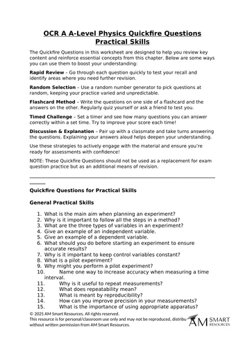 OCR A A-Level Physics Quickfire Questions Practical Skills