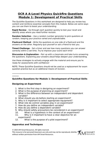 OCR A A-Level Physics Quickfire Questions Module 1: Development of Practical Skills