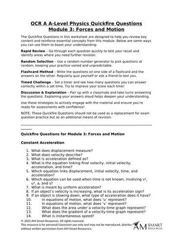OCR A A-Level Physics Quickfire Questions Module 3: Forces and Motion