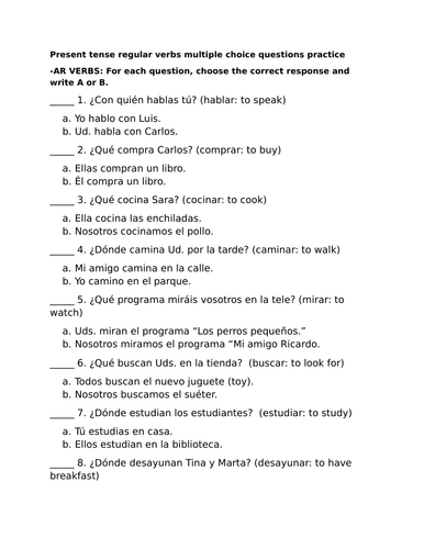 Present tense regular verbs multiple choice questions practice