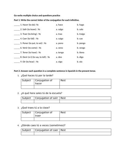 Go verbs multiple choice and questions practice