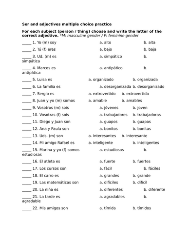 Ser and adjectives multiple choice practice