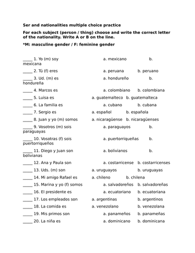 Ser and nationalities multiple choice practice