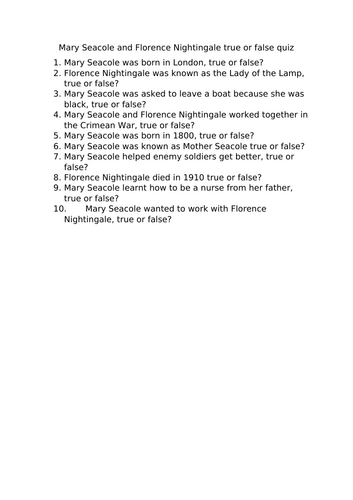 Mary Seacole and Florence Nightingale quiz.