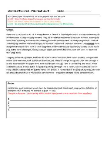 KS3 DT - Sources of Materials - Paper and Board