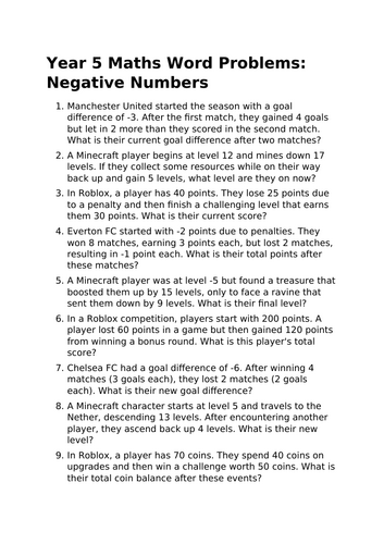 Year 5 Word Problems on Negative Numbers