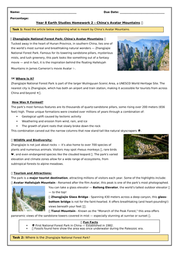 China's Avatar Mountains: KS3 Natural Hazard HWK 2