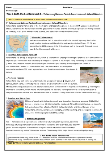 Yellowstone National Park: KS3 Natural Hazards HWK 5