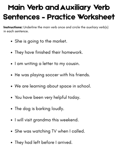 Main Verb and Auxiliary Verb Sentences – Practice Worksheet