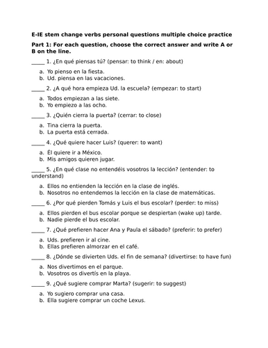E-IE stem change verbs personal questions multiple choice practice
