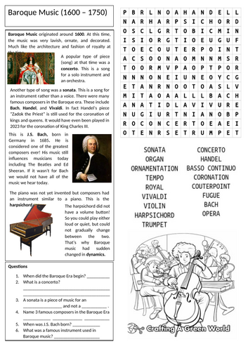 Baroque Music Worksheet (Cover Lesson)