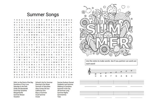 Summer Music Worksheet (Cover Lesson)