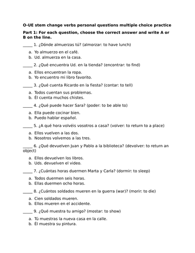 O-UE stem change verbs personal questions multiple choice practice