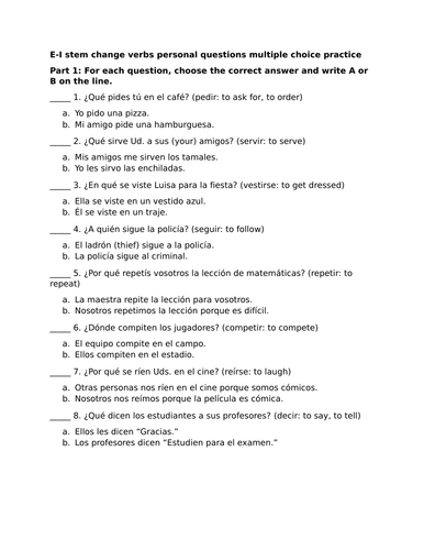 E-I stem change verbs personal questions multiple choice practice