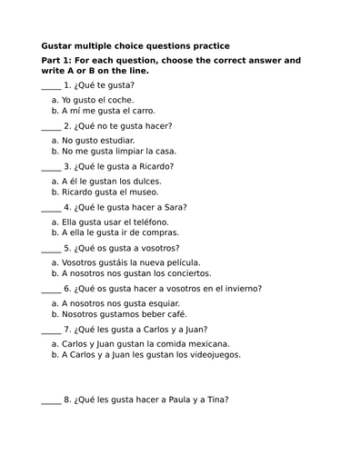 Gustar multiple choice questions practice