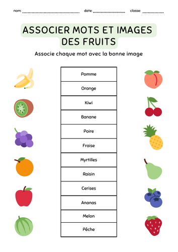 Fiches d'exercices associer des fruit simple illustré blanc et coloré