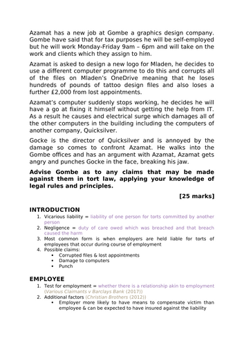 A-Level Law: Vicarious Liability Scenario + Model Plan + Answer - Eduqas Tort Law