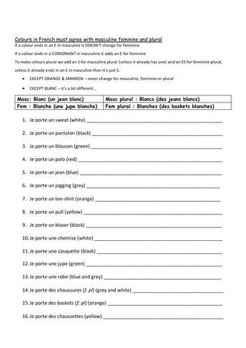 Les vetements - clothes + adjectives (colours)