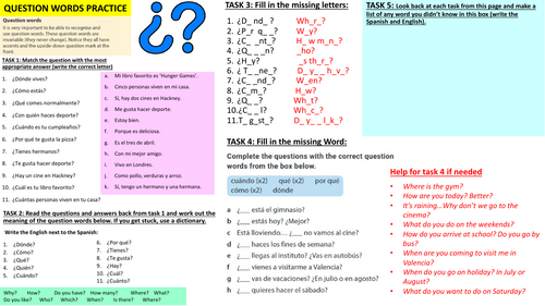 Spanish question words practice/revision worksheet