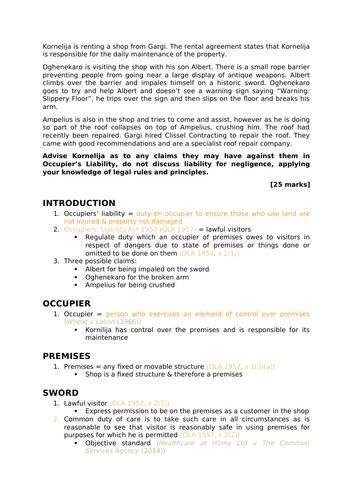 A-Level Law: OLA 1957 Scenario + Model Plan + Answer - Eduqas Tort Law